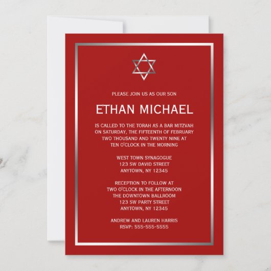 Red Silver Star van David Bar Mitzvah Invitaties Kaart (Voorkant)