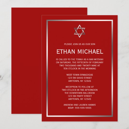 Red Silver Star van David Bar Mitzvah Invitaties Kaart (Voorkant / Achterkant)