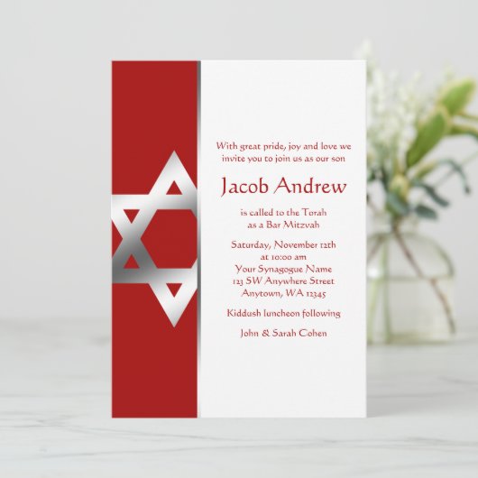 Red Silver Star van David Bar Mitzvah Invitaties Kaart (Staand voorkant)