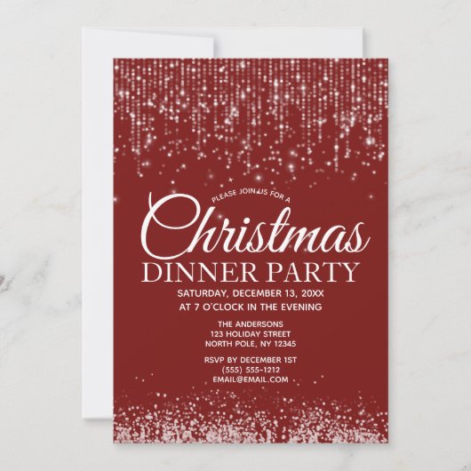 Red Silver String Lights Kerstdiner Party Kaart (Voorkant)