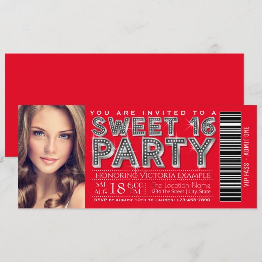 Red Silver Sweet 16 Ticket Invitation Kaart (Voorkant / Achterkant)