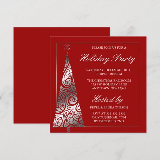 Red Silver Swirl-kerstboomfeest Kaart (Voorkant / Achterkant)