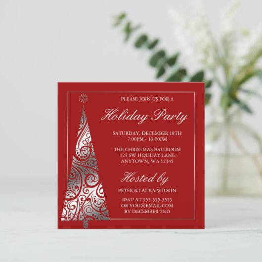 Red Silver Swirl-kerstboomfeest Kaart (Staand voorkant)