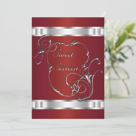 Red Silver Swirls Elegant Sweet Sixeen Kaart (Staand voorkant)
