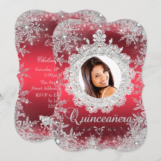 Red Silver Tiara Snowflake Sparkle Quinceanera Kaart (Voorkant / Achterkant)