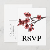 Red Simple Cherry Blossom RSVP Briefkaart (Voorkant / Achterkant)