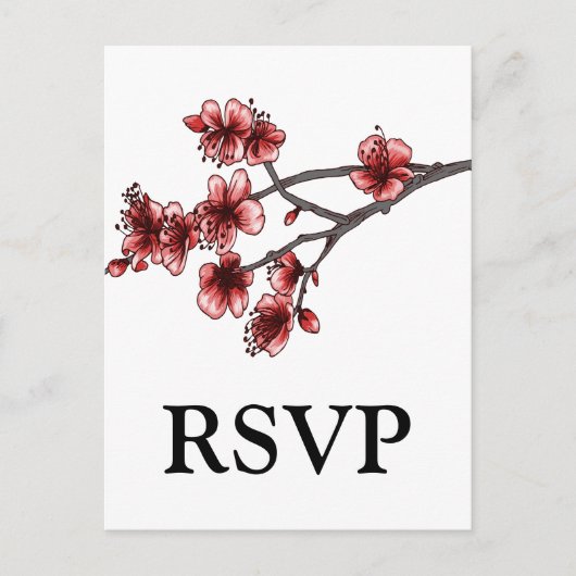 Red Simple Cherry Blossom RSVP Briefkaart (Voorkant)