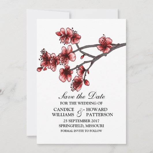 Red Simple Cherry Blossom Save the Date Invite (Voorkant)