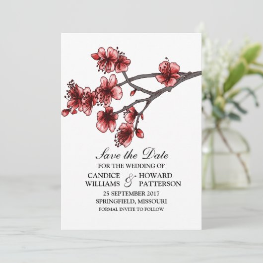 Red Simple Cherry Blossom Save the Date Invite (Staand voorkant)