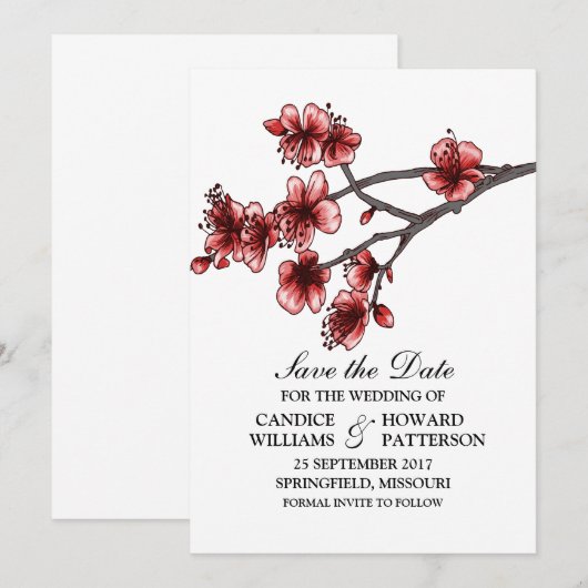 Red Simple Cherry Blossom Save the Date Invite (Voorkant / Achterkant)
