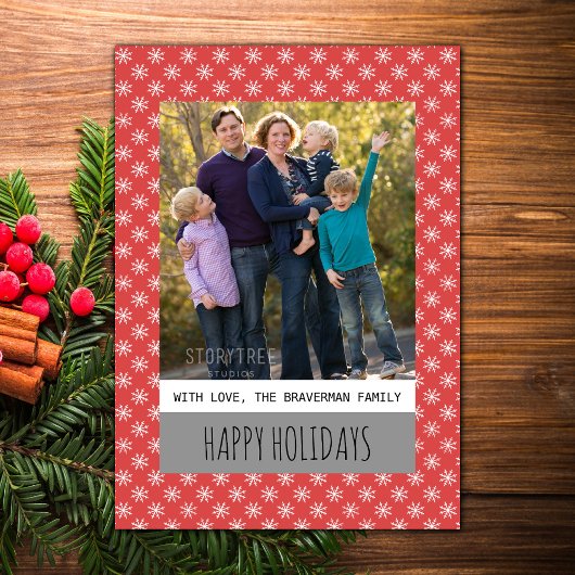 Red Simple Snowflake Holiday Photo Flat Kaart