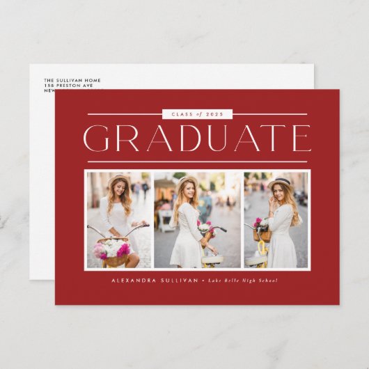 Red Simple Typography Photo Collage Afstuderen Briefkaart (Voorkant / Achterkant)