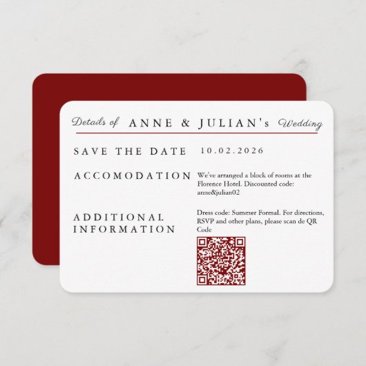 Red Simple Wedding Invitation Details Card RSVP Kaartje (Voorkant / Achterkant)