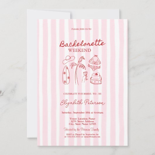 Red Sketch Bikinis & Martinis Pink Striped Kaart (Voorkant)