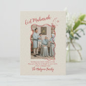 Red Sketch Ribbon Crescent Moon Photo Eid Mubarak Feestdagenkaart (Staand voorkant)