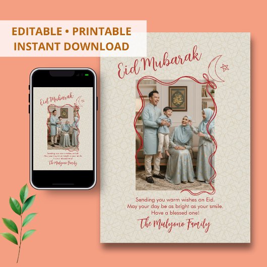 Red Sketch Ribbon Crescent Moon Photo Eid Mubarak Feestdagenkaart