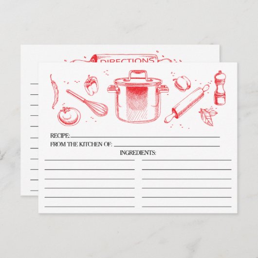 Red Sketched Kitchen Tools Recipcards Briefkaart (Voorkant / Achterkant)