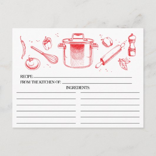 Red Sketched Kitchen Tools Recipcards Briefkaart (Voorkant)