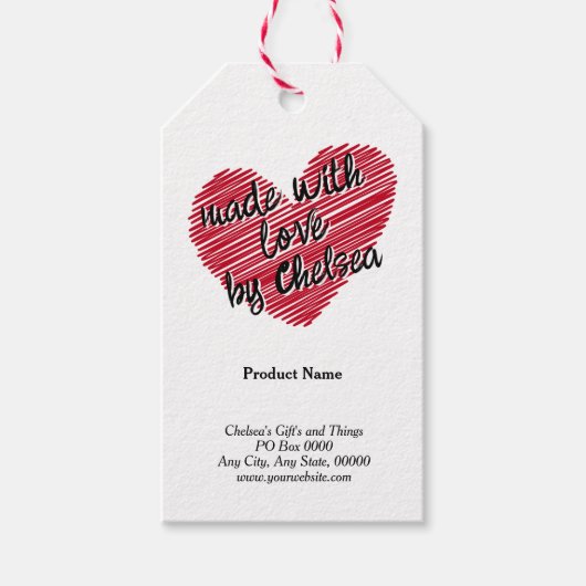 Red Sketchy Heart "Made with Love" Product Label Cadeaulabel (Voorkant)