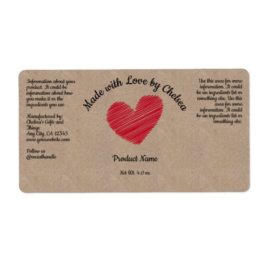 Red Sketchy Heart "Made with Love" Productlabel Etiket (Voorkant)