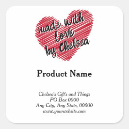 Red Sketchy Heart "Made with Love" Productlabel Vierkante Sticker