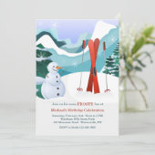 Red Skis en Snowman Invitation Kaart (Staand voorkant)