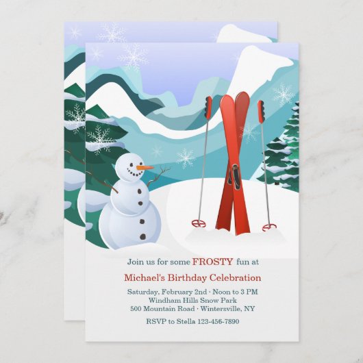 Red Skis en Snowman Invitation Kaart (Voorkant / Achterkant)