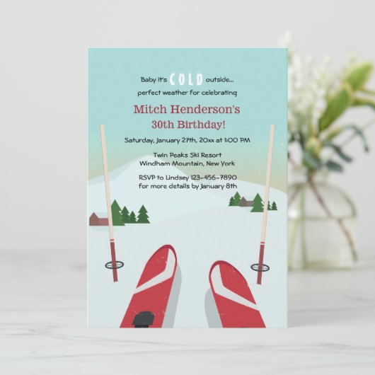 Red Skis Invitation Kaart (Staand voorkant)