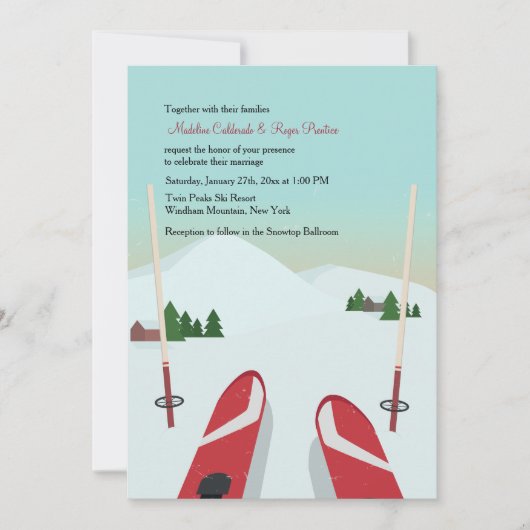 Red Skis Wedding Invitation Kaart (Voorkant)