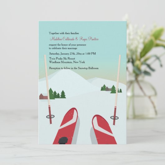 Red Skis Wedding Invitation Kaart (Staand voorkant)