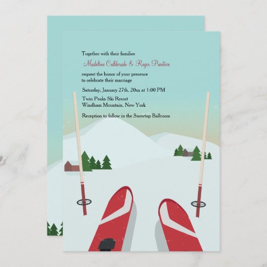 Red Skis Wedding Invitation Kaart (Voorkant / Achterkant)
