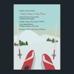 Red Skis Wedding Invitation Kaart<br><div class="desc">Een uitnodiging voor een bruiloft met winterthema's met een rood paar ski's en polen en in de afgelegen, met sneeuw bedekte bergen, pijnbomen en een bergkam. (KP) De kaart is eenvoudig aan te passen met uw tekst, lettertype, lettertypekleur, papieren vormopties en een keuze uit zes papiertypen. Witte enveloppen inbegrepen. Zenuwd...</div>