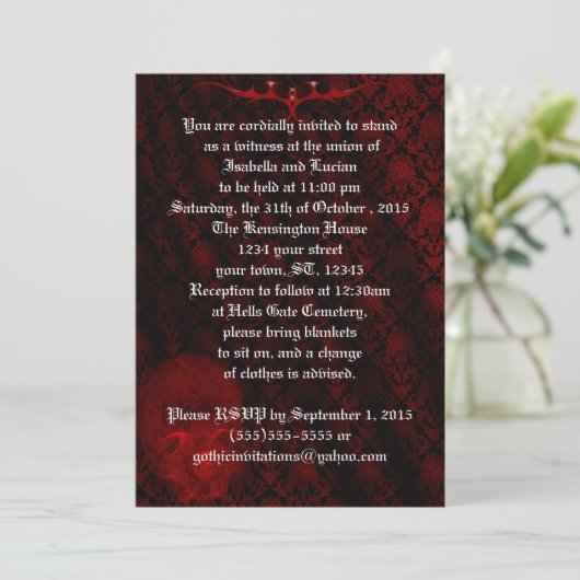 Red Skull Damask Gothic Wedding Kaart (Staand voorkant)