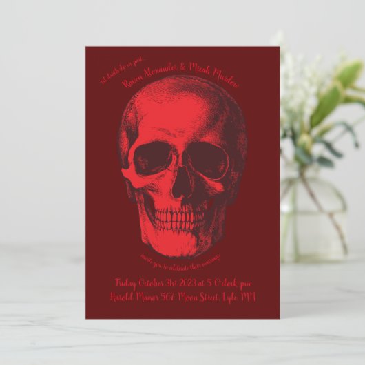 Red Skull Gothic Wedding Invitation Kaart (Staand voorkant)