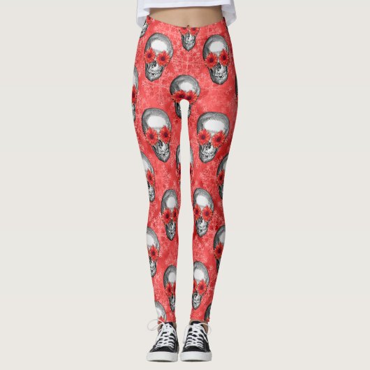 Red Skulls and Sunflower Series Design 13 Leggings (Voorkant)