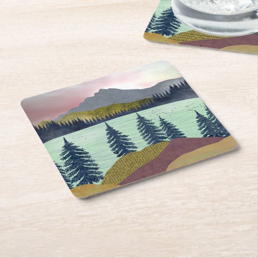 Red Sky Lake Landscape Kartonnen Onderzetters (Schuin)