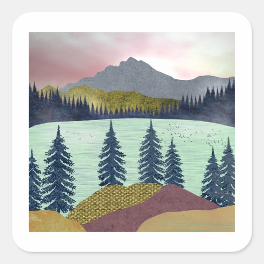 Red Sky Lake Landscape Vierkante Sticker (Voorkant)