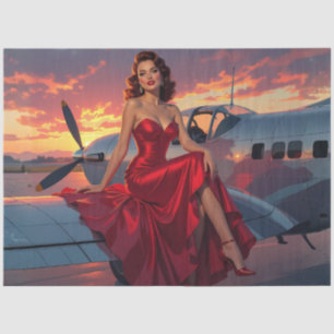 Red Sky Runway – Vintage Pin-Up Aviator Decoupage Tissuepapier