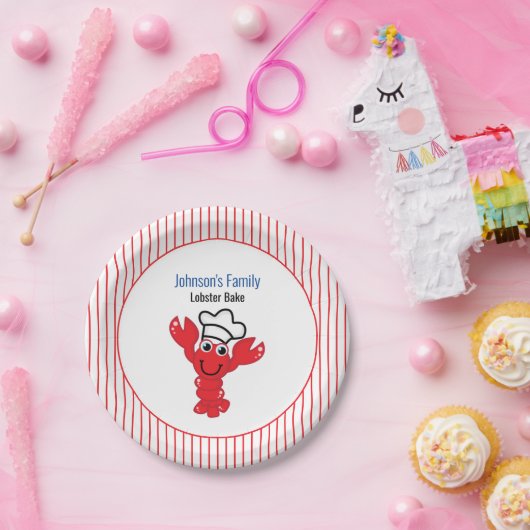 Red Smiling Lobster Chef Pet Stripes Papieren Bordje (Feest)