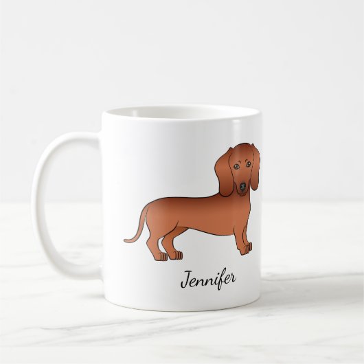 Red Smooth Coat Dachshund Cute Cartoon Dog & Name Koffiemok (Links)