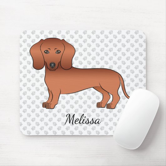 Red Smooth Coat Dachshund Cute Cartoon Dog & Name Muismat (Met muis)