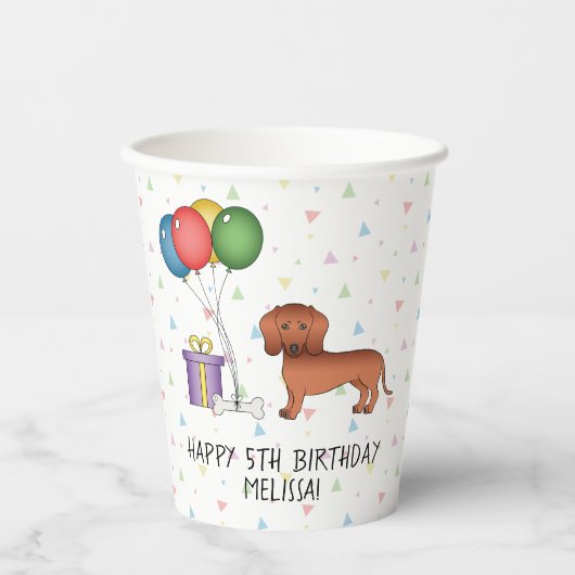 Red Smooth Coat Dachshund Dog Happy Birthday Papieren Bekers (Voorkant)