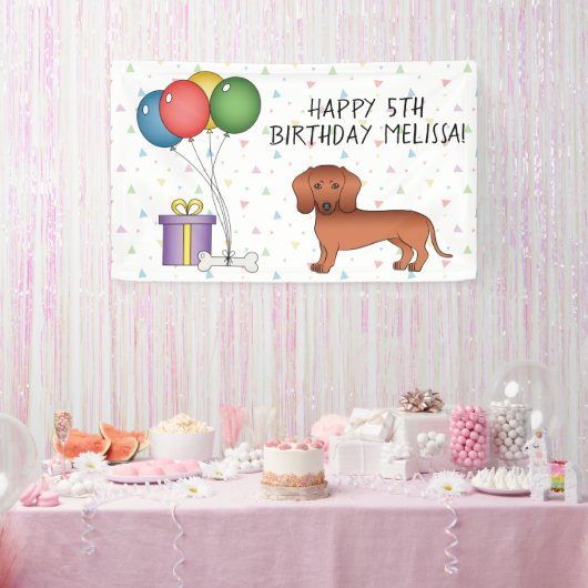 Red Smooth Coat Dachshund Dog Happy Birthday Spandoek (Feest)