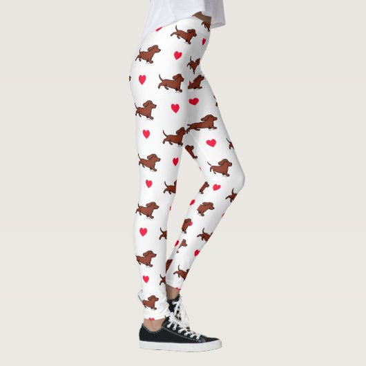 Red Smooth Dachshund Running Hearts Leggings (Rechts)