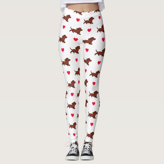 Red Smooth Dachshund Running Hearts Leggings (Voorkant)