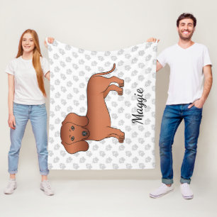 Red Smooth Hair Dachshund Cute Cartoon Dog & Name Fleece Deken
