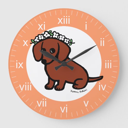 Red Smooth Haire Dachshund Flowers Grote Klok (Voorkant)