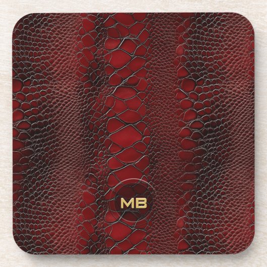 Red Snakeskin Leather Print Monogram in reliëf Bier Onderzetter (Voorkant)