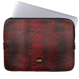 Red Snakeskin Leather Print Monogram in reliëf Laptop Sleeve