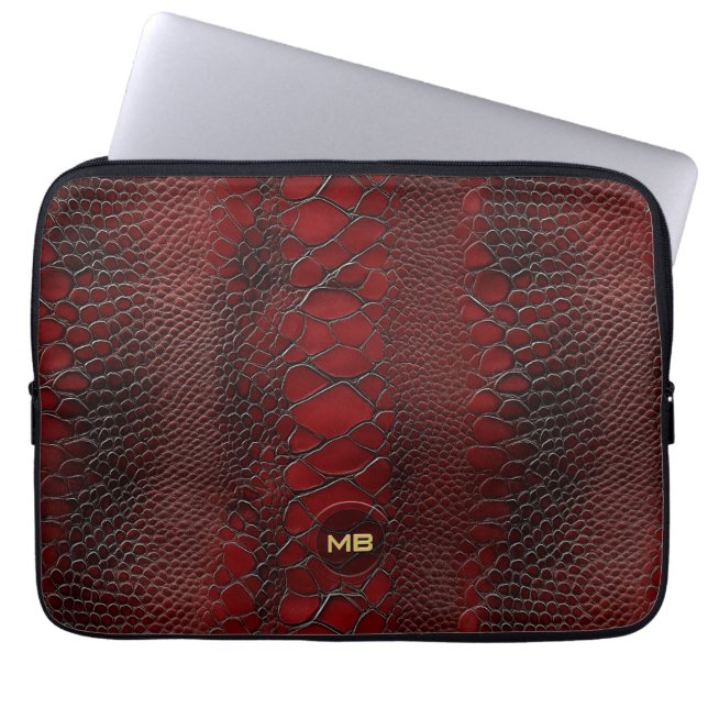 Red Snakeskin Leather Print Monogram in reliëf Laptop Sleeve (Voorkant)